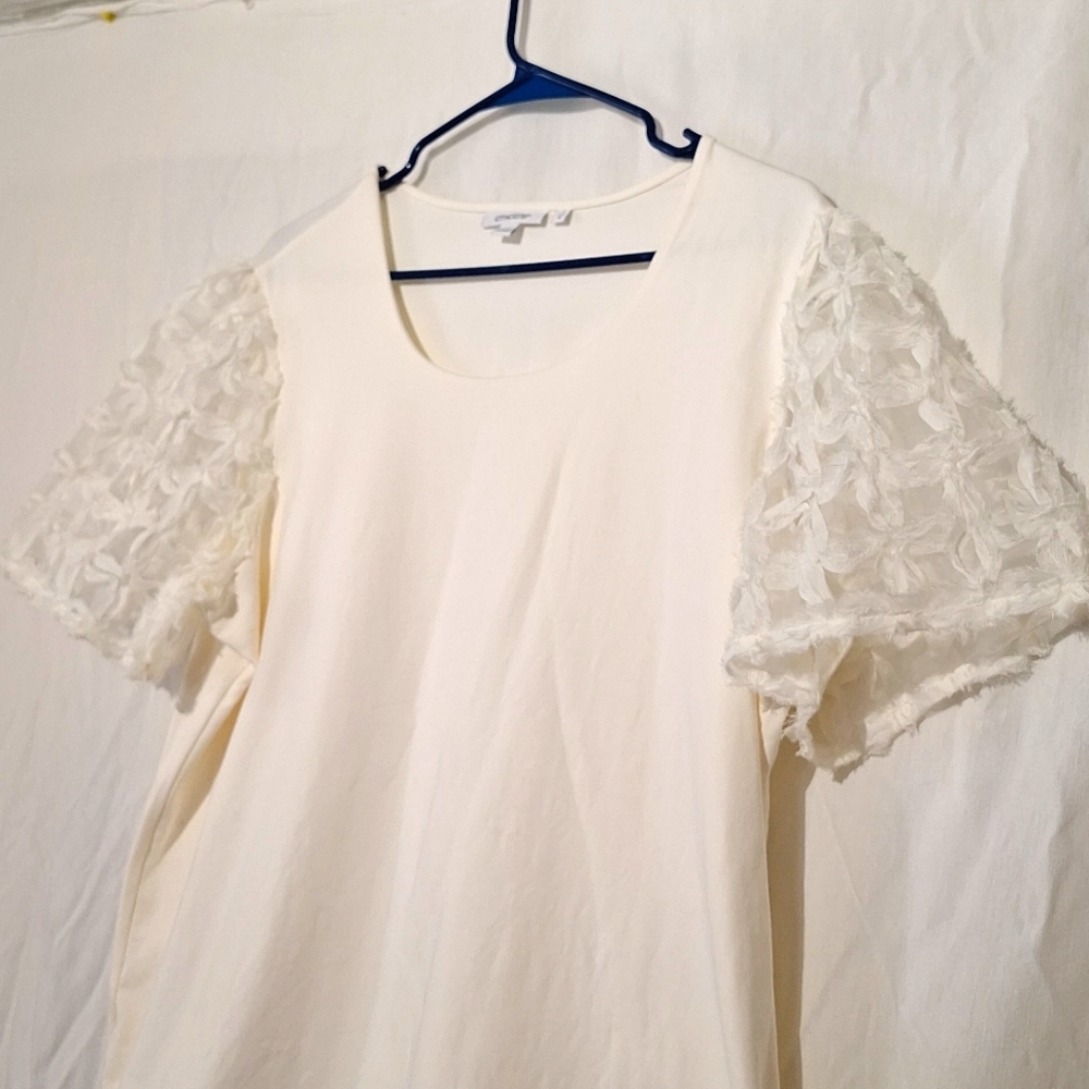 3/$20--Chico's Cotton Cream Blouse, Short White Lacey Sleeves, Slipover, NWOT - Picture 7 of 11